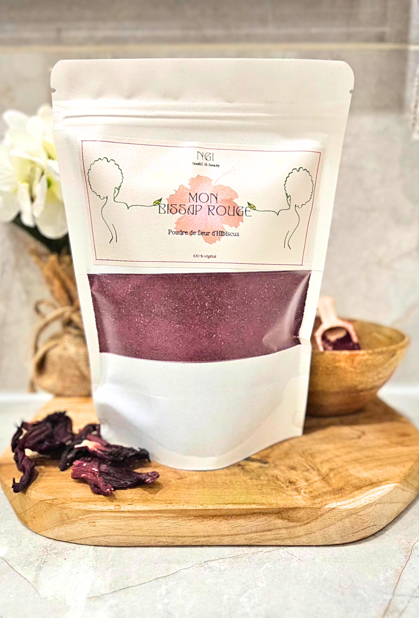 MON BISSAP ROUGE | Poudre de Calice d’Hibiscus, un supplément à base de plantes 100% naturel. Idéal pour la beauté de la peau et la digestion.