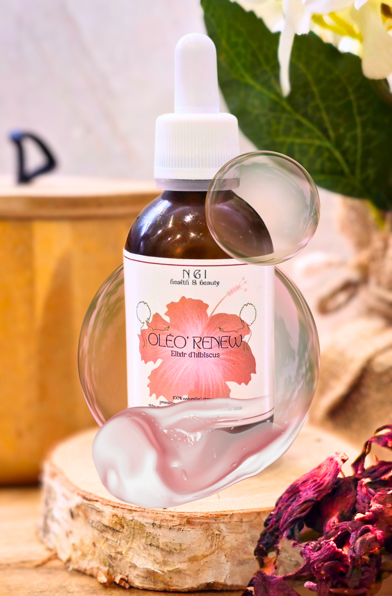 OLÉO RENEW | Huile d'Hibiscus, une huile de soin multi-usages repulpante et pour l'éclat de la peau, les cheveux et la barbe. Flacon avec pipette pour une application facile.